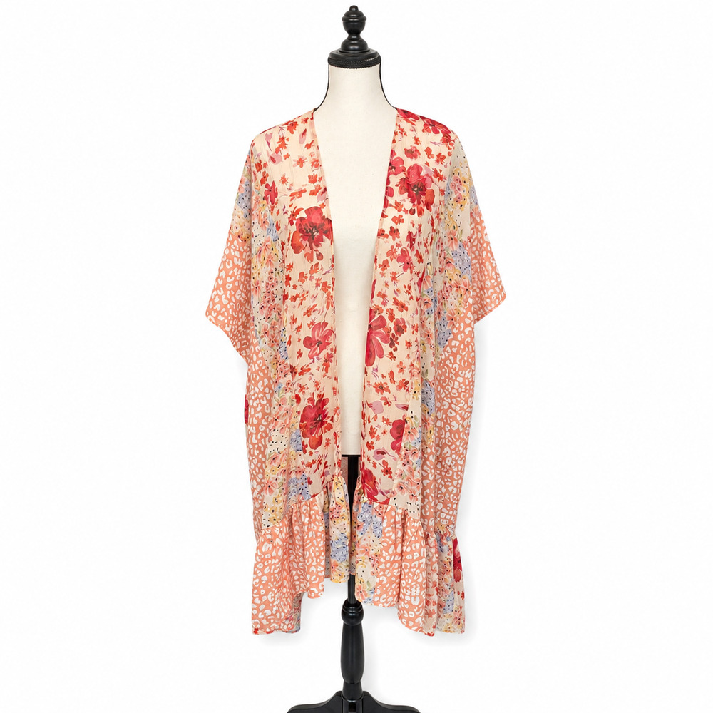 Umgee Kimono Women Size Small Medium Multicolor Floral Leopard Patchwork Ruffles